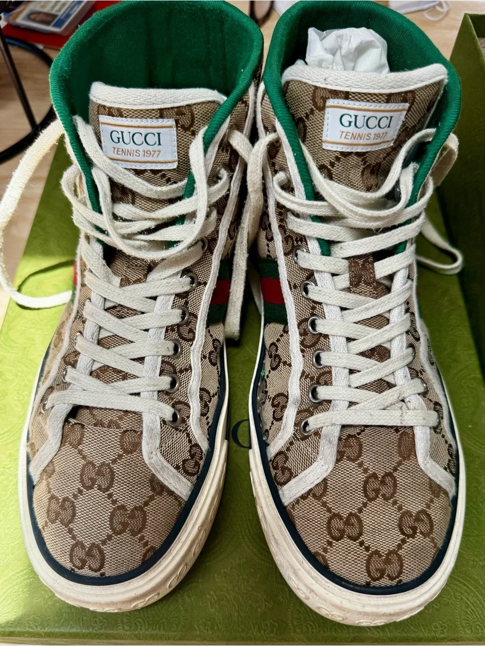 Gucci Beige GG Canvas High-Top Sneakers with Green and Red Web